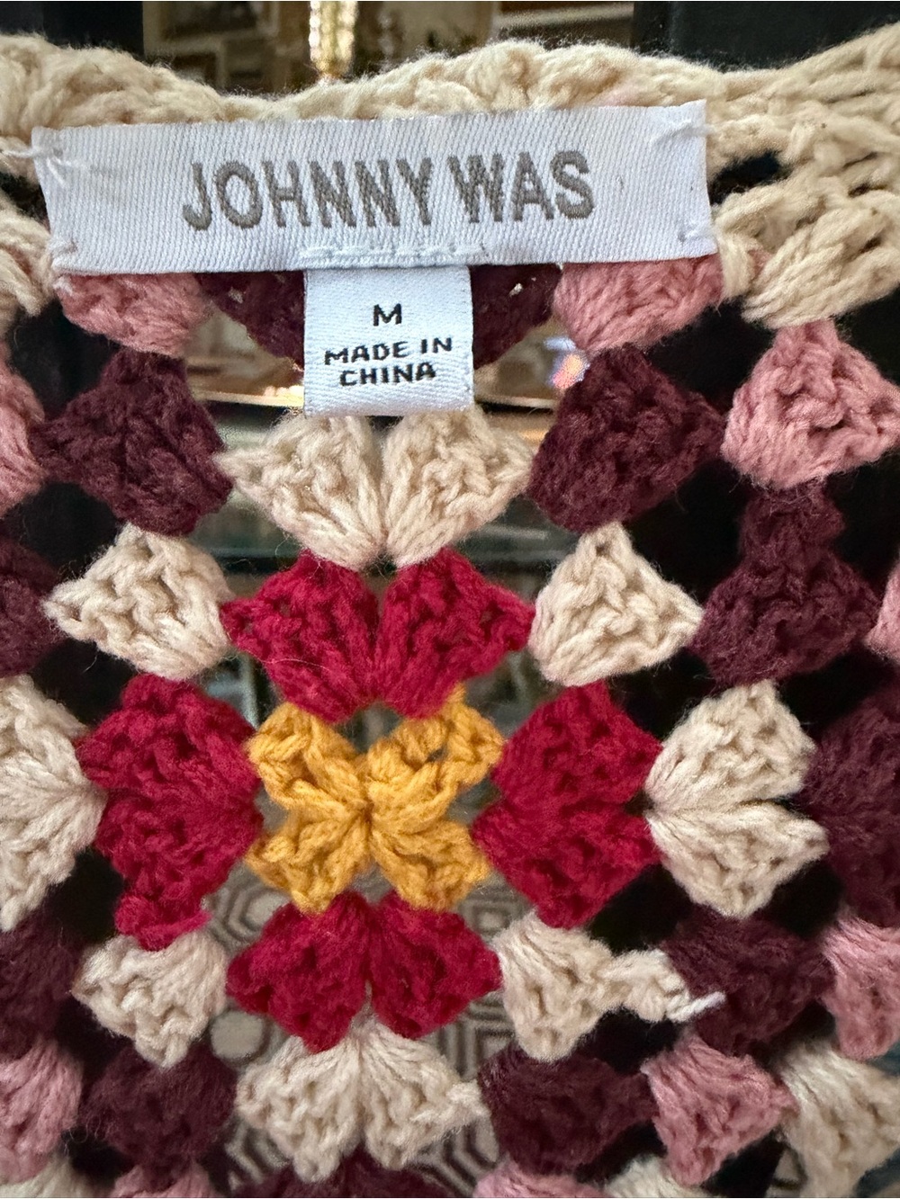 Johnny Was Multicolor Crochet Tie-Front Cardigan with Cream Trim, Stevie. - Picture 4 of 6